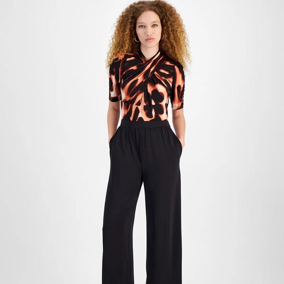 RACHEL Rachel Roy Women's Printed Twisted Short-Sleeve Wide-Leg Jumpsuit Size S - Picture 1 of 5